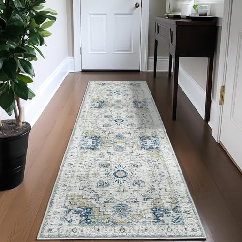 TOPICK Vintage Küchenteppich läufer Flur küchenläufer 60x305 Hellblau | orientalisch Teppichläufer brücken Teppich Läufer lang rutschfest cottagecore Flurteppich Eingangsbereich Kitchen Runner Rug