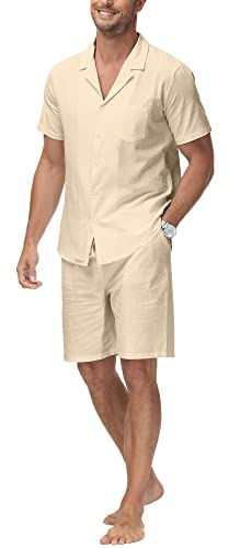 YAOHUOLE Men's Cotton Linen Shirt and Shorts 2 Piece Outfits Sets Casual Summer clothes Vacation Beach Wedding Suits