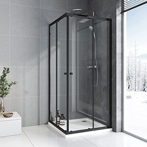Duschkabine 75x75cm Eckeinstieg mit Schiebetüren,Doppel Schiebetür Duschabtrennung 6mm ESG Glas Duschabtrennung Mattschwarz,Über Einer Duschwanne Oder Fliesen Montiert,Höhe 185cm(Ohne Duschtasse)