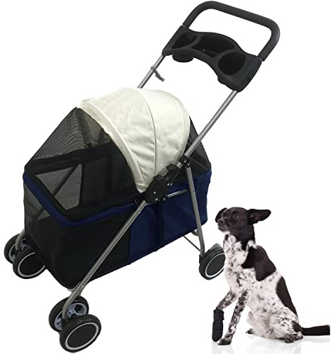 Critter Sitters 4-Wheel Dog Stroller for Small Dogs, Cats, or Rabbits with Scratch Resistant Breathable Mesh Windows, Cup Holders, Lockable Wheels, and Removable Pad, Modern Pet Stroller