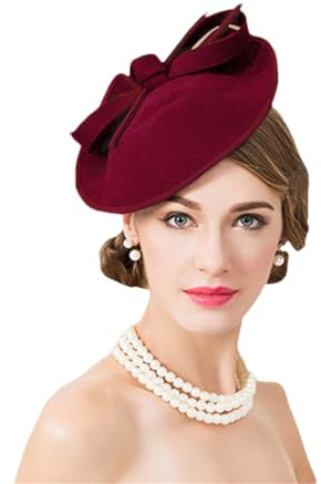 Bciopll Damenhut aus Wolle, schwarz, Kirche, formell, Vintage-Filz, Fedoras, Hochzeit, Fascinator, Hüte für Frauen, Weinrot, Pillbox-Hut, 55–59 cm, Weinroter Pillenbox-Hut, Einheitsgröße