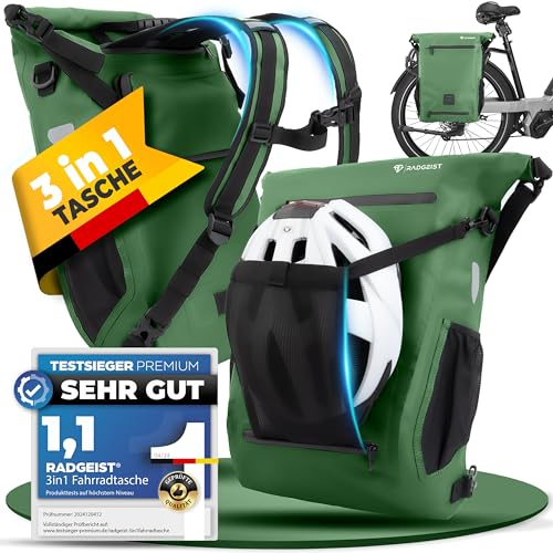 RADGEIST 3in1 Fahrradtasche für Gepäckträger I Gepäckträgertasche, Rucksack & Umhängetasche 18-22L I Tasche für Fahrrad 100% wasserdicht Grün