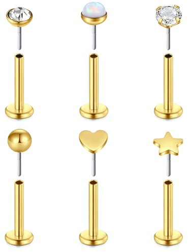 VF VFUN 16G 6Pcs Helix Piercings Diamant CZ Edelstahl Piercing Herz Stern Opal Lippenpiercing Ohr Conch Piercing Nasenpiercing Tragus Labret Piercing Studs 8mm für Frauen Männer Gold
