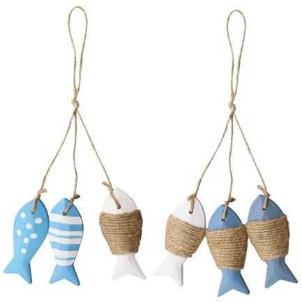 YINETTECH 2 Sets Holz Fisch Deko Wanddeko Mediterraner Stil Wanddekoration für Badezimmer Schlafzimmer Wohnzimmer Garten Deko