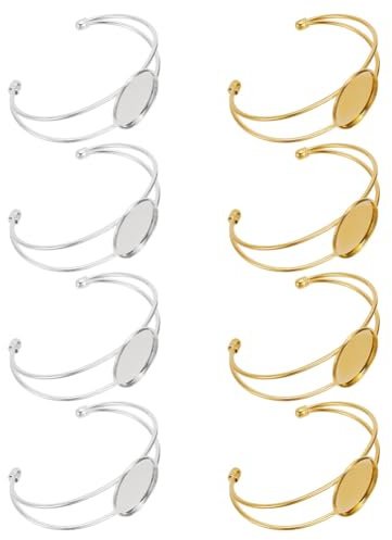 arricraft 8 Stück Armband Lünette Tablett, 25 mm Gold Und Silber Verstellbare Leere Armreifbasis Mit Tablett, Runde Cabochon-Armbandfassung für DIY Basteln Cabochons Armband Schmuck Geschenk