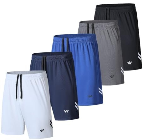 fovdtaa 5 Pack Mens Sports Shorts Men's Athletic Shorts with Pockets and Elastic Waistband, Quick Dry Workout Shorts for Men Running Trousers Black,Grey,Blue,Navy,White L