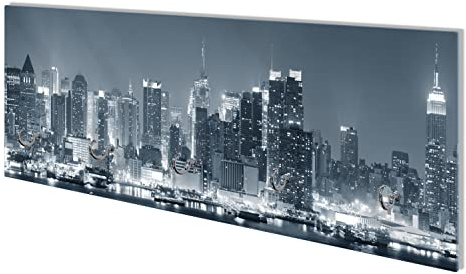 Wallario Wandgarderobe aus Glas in Größe 80 x 30 cm mit Memoboard-Funktion, Motiv: New York Skyline - Schwarz Weiß Blau | 5 Kleiderhaken zum Aufhängen von Jacken