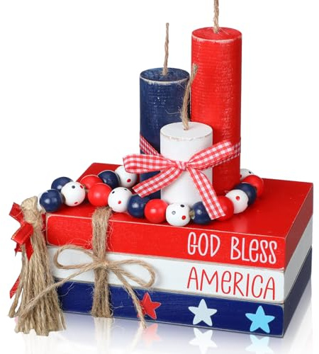 Seeloowy 7 Pcs 4th of July Decorations Patriotic Table Decor Independence Day Table Wood Decorations Rustic Memorial Day Bead Garland Fireworks Centerpiece Sign for Party 250th Anniversary