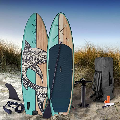 BRAST® SUP Board Retro | Aufblasbares Stand up Paddle Set | 320x81x15cm | 5 Jahre Garantie | inkl. Sonderzubehör | 2in1 Paddel Kajak-Sitz Action-Cam-Halterung Fußschlaufe Pumpe Rucksack | Natural