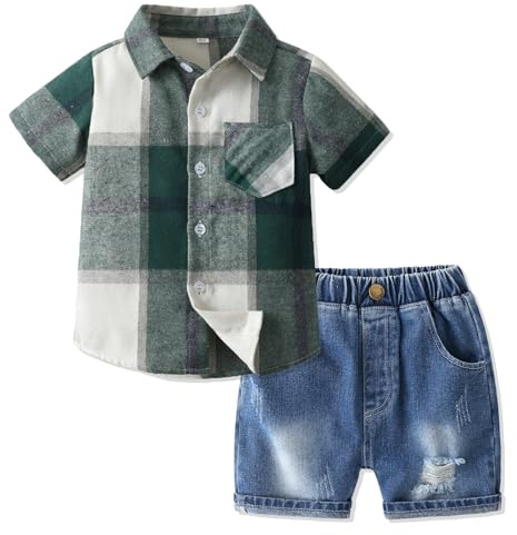 Volunboy Completi Estivi Bambino, Manica Corta Camicia Quadri + Short Jeans Blu Strappati 2 Pezzi Set