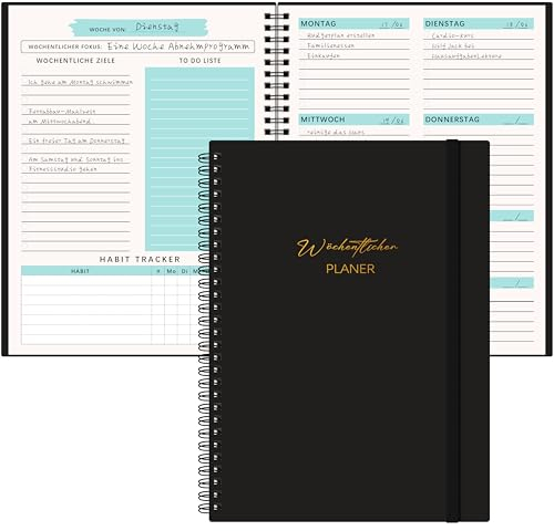 Qefuna Undatierter Wochenplaner,Terminplaner A5,wöchentlicher Terminkalender mit To-Do-Liste,PP Shell,104 Seiten 100 Gramm Papier,dem Hardcover -Ringordner，auf Deutsch(Schwarz)