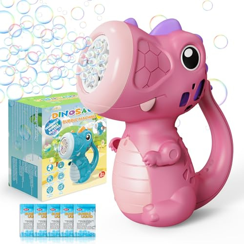 PANACARE Dinosaurier Seifenblasenmaschine, Seifenblasenspielzeug Kinder 5000+ Blasen/Min mit Seifenblasenlösungx5 für Hochzeit/Geburtstag/Party, Geschenk für Junge&Mädchen 345678 Jahre (Pink)