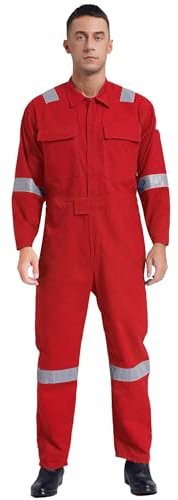 MSemis Herren Overall Arbeitsanzug Baumwolle Arbeitskleidung Langarm Jumpsuit mit Reflektierende Streifen Schutzanzug Ganzkörperanzug Rot M