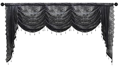 apott Mantovana nera per finestre, a cascata, in voile, con perline, piccole tende in pizzo per soggiorno, camera da letto, feste, 229 x 104 cm