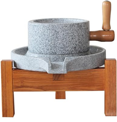 Handmade Stone Mill Natural Granite Hand Paste Mill with Wooden Frame, Deep Grinding Teeth Grain Stone Grinder, Ancient Powder Pulverizer for Sesame Seeds/Spices(20 x 30cm (7 7/8 x 11 3/4))