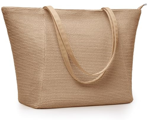 KALIDI - Ampia borsa in paglia, borsa da spiaggia con cerniera, in plastica riciclata marina, design simile alla paglia, borsa a secchiello per vacanze estive e uso quotidiano, cachi, 35cm x 35cm x
