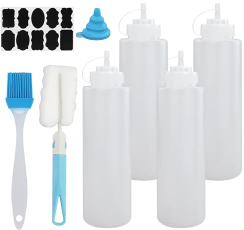 EASYKEENECOM 4 Stück 1000 ml (32 oz) Squeeze Flasche, Plastik Quetschflasche Mit Kappen, Squeeze Condiment Flaschen für Ketchup, Pigment Quetschflasche,mit Trichter, Aufkleber-Etikett