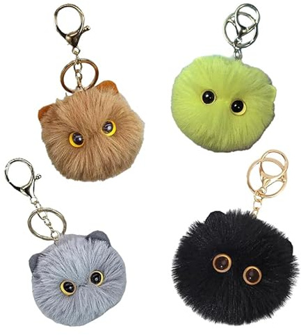 4 x Katzen-Pompon-Schlüsselanhänger, niedlicher Spielzeug-Katzen-Anhänger, Plüsch-Schlüsselanhänger, weicher Plüsch-Schlüsselanhänger für Frauen, personalisierter Schlüsselanhänger,