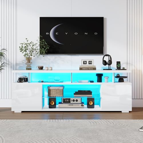 Jaxenor Armoire TV haute brillance de 150 cm avec éclairage LED et espace de rangement - Meuble TV moderne pour salon - Panneau TV en verre - Blanc