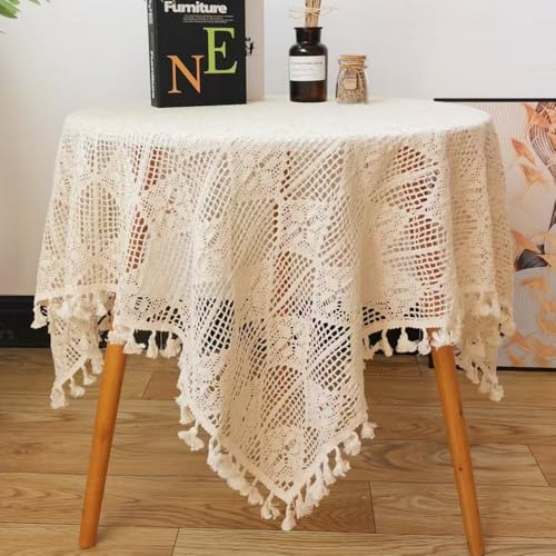 FMIYJUN Tischdecke, Häkeldeckchen, Baumwolle, Quasten, Retro, geeignet für Küche, Esszimmer, Wohnzimmer, Bankette, Restaurants (Beige 3, 90 x 90 cm)