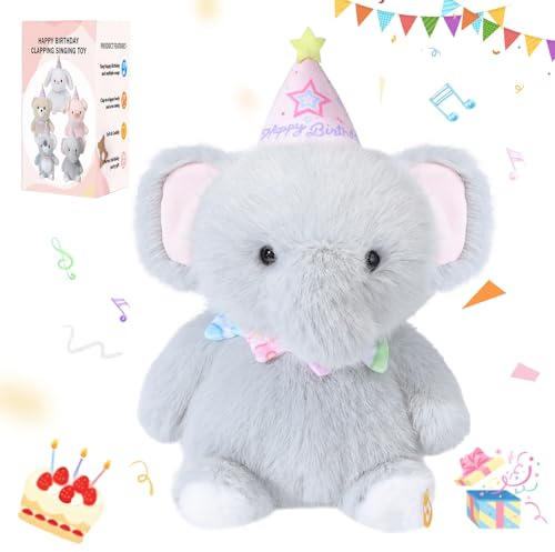 seOSTO Peluche de Elefante Cumpleaños, Baila y Canta al Escuchar Palmadas | Juguete Interactivo con Función de Grabar y Reproducir Voz, Regalo de Cumpleaños Interactivo para Niños y Niñas