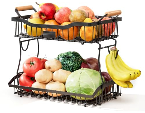 Yuhtech 2 Schicht Obstkorb, Stehendes Aufbewahrungsregal, Obstschale mit Bananenaufhänger, Aufbewahrungskorb, Metall-Gemüsehalter, Obstständer für Küche, Theke, Obst, Gemüse, Snacks (Schwarz)