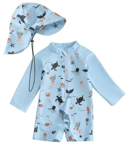 UV Badebekleidung Baby Badeanzug mit Sonnenhut UPF 50+ Schutzkleidung mit Reißverschluss UV Anzug Langarm Cartoon Einteiler Unisex Neoprenanzug Schwimmanzug Badeanzug für Junge Mädchen Badekleider