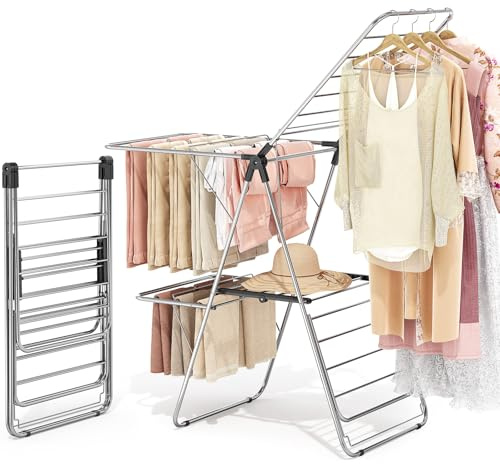 APEXCHASER Clothes Drying Rack with 4 Wings, Stainless Steel Drying Rack Clothing with Height-Adjustable, Foldable Gullwings Laundry Drying Rack, Indoor Outdoor Use, No Assembly, Black
