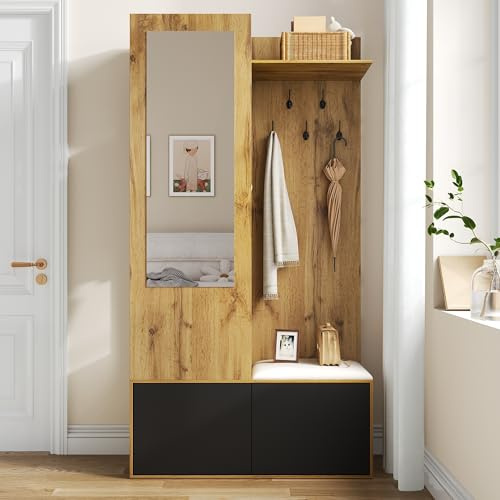 Guardaroba 100 x 38 x 191 cm, armadio corridoio con specchio, armadio con panca per scarpe, armadio compatto con 5 ganci appendiabiti, 2 scarpiere e armadio. Mobili per corridoio / mobili da camera da