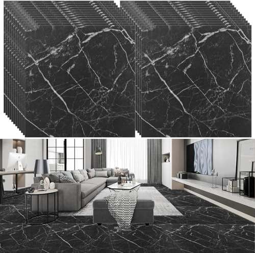 YAYODS 20Pcs Self Adhesive Floor Tiles, Peel and Stick Black Marble Effect Vinyl Floor Tiles, Waterproof Vinyl Flooring Stick-On Tiles for Bathroom Kitchen Living Room, (30x30cmx2.5mm)