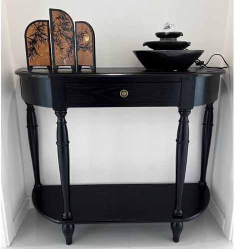 YITAYMLI Consolle vintage a mezzaluna per divano con cassetto, tavolino in legno massello per soggiorno con ripiano portaoggetti, mobile decorativo per ingresso e corridoio(Black,80cm/31.5in)