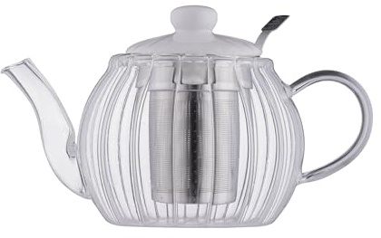 Price & Kensington Luxe Glass Teapot with Stainless Steel Infuser 1000ml | Fluted Embossed Glass Teapot with White Ceramic Lid | Non-Drip Spout, Ergonomic Handle & Gift Box
