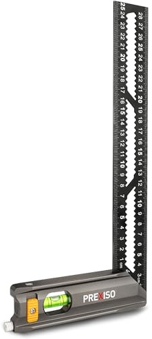 PREXISO Try Square 250 mm, Precision Carpenters Framing Squares for Woodworking, Right Angle Ruler 90° & 45°, Double Sided Metric Scale, Built-in Scriber & Spirit Level