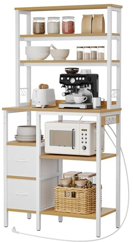 YITAHOME Küchenregal mit Steckdose, 2 AC-Steckdosen, 2 USB-Anschlüssen, Kaffeebar, Bäckerregal mit 2 Schubladen und 4 Haken, Mikrowellenregal, für Backofen, 80 x 39,9 x 167,6 cm, Eiche und Weiß