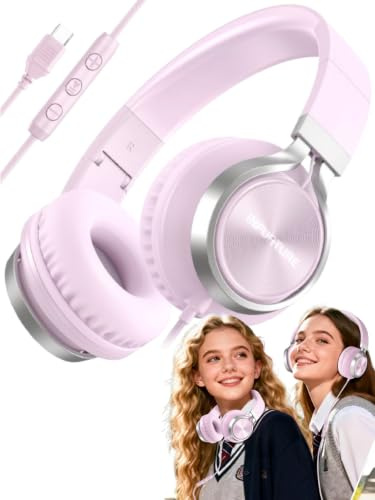 INFURTURE Auriculares USB C con cable con micrófono y control de volumen, línea trenzada sin enredos, auriculares tipo C sobre la oreja, ligeros y plegables para smartphone, tablet, iPhone serie 16/15