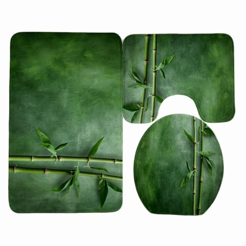 Badezimmerteppich Set 3 Teilig Dunkelgrüner Bambus WC Teppich Schnell Trocknend Badvorleger rutschfest Badgarnitur 3 Teilig Stand WC Waschbar Bad Teppiche Set Dekoration 50x80 cm