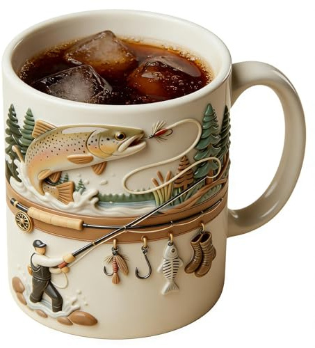 Fishing Mug - 350ml Ceramic Funny Novelty Desk Decor,Fisherman Coffee Mug - for Beer Desk Decor Cold Weather Picnic Fishing Water Campfire Hiking Adventure Game Home Camping Party