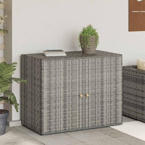 Foknhdi Gartenschrank Grau 100x55,5x80 cm Poly Rattan witterungsbeständiger Aufbewahrungsschrank mit Akazienholz-Griffen und Stahlrahmen Modernes Design für Garten Balkon Flur und Terrasse