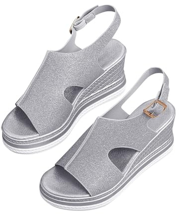 YIzdegg kilklack sandaler damer espadrilles – tofflor med justerbart spänne sandaletter ventilerande sandaletter öppen tå sommarskor ergonomiska vandringssandaler bekväma damsandaler, silver, 41