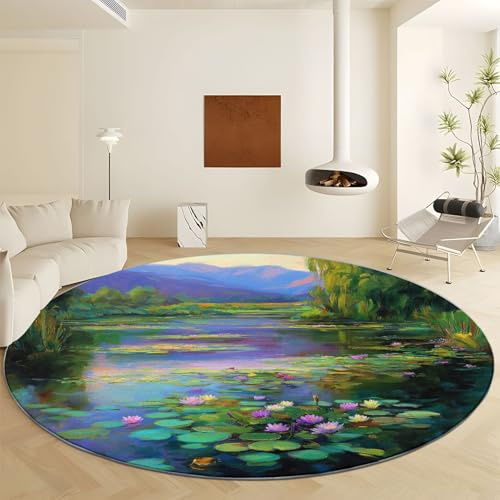 Tappeto Rotondo 100 cm, Antiscivolo Tapette Salotto Stagno Montagne Foglie Di Loto Salice Alberi Lavabile Tappeti Rotondi Pittura A Olio Pelo Corto per Sala da Pranzo, Camera da Letto, Scendiletto