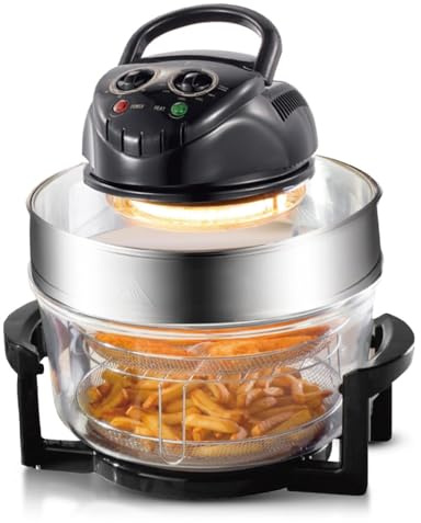 Friggitrice ad aria, Forno friggitrice ad aria alogena da 12 litri con anello di estensione, in vetro, capacità for famiglie numerose, riscaldamento a 363°(Black)