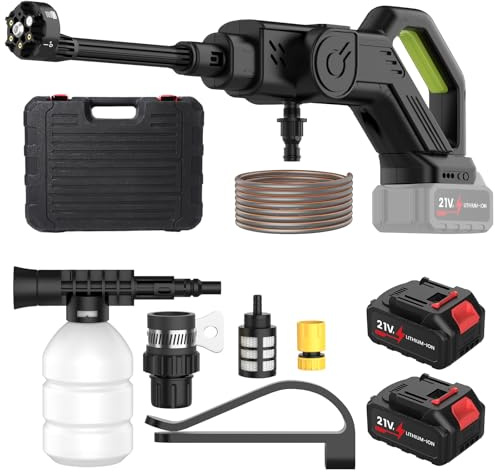Nettoyeur Haute Pression sans Fil, 90Bar Nettoyeur Haute Pression avec 2 x 4.5Ah Batterie, Buse 6 en 1, Tuyau 5M, 3 Niveaux de Pression, Moteur sans Balais, Idéal pour Voitures Jardin