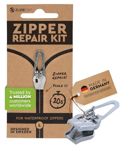 Zlideon Kit de Réparation de Fermeture Éclair pour Fermetures Étanches - 1 Pièce, Argent (L) | Curseur de Remplacement Instantané pour Veste Outdoor, Sacs Étanches | Fabriqué en Allemagne