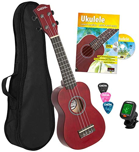CASCHA Sopran Ukulele Set Englisch für Kinder und Erwachsene I Starter Kit mit 3 Plektren Tasche Lehrbuch Lernvideos über QR-Code Stimmgerät I Aquila Saiten Nylon I Kleine Hawaii Gitarre I Rot