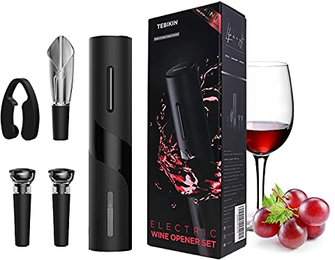 Electric Wine Opener Set TEBIKIN Automatic Wine Bottle Openers Cordless Battery Powered Corkscrew with Vacuum Wine Stoppers Wine Aerator Pourer Foil Cutter for Home Gift Party Valentine's Day