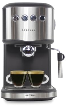 PRIXTON Macchina da Caffè Automatica Toscana, Macchina Caffè con Adattatore per Capsule, Funzione Espresso e Cappuccino, Potenza 850 Watt, Pressione 20 Bar, Montalatte/Pannarello, Serbatoio 1,25 litri
