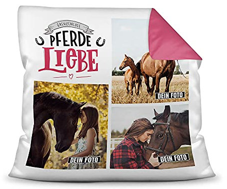 PfotenSchild Pferde Kissen mit Füllung - Fotocollage - Gesucht Gefunden - mit DREI Fotos selbst gestalten - Geschenk für Pferdeliebhaber - Farbkissen Rückseite Pink, 40 x 40 cm
