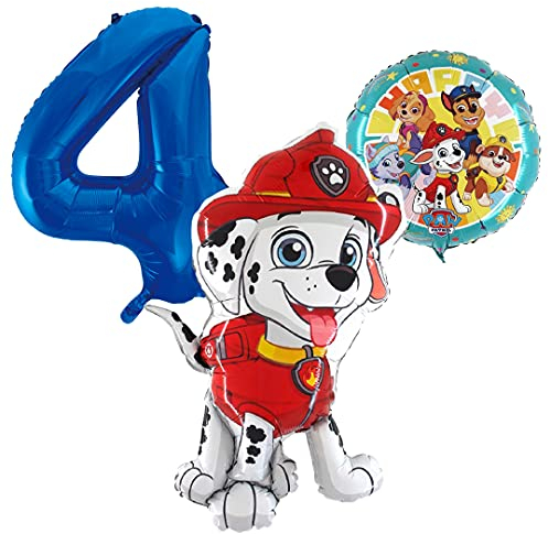 Marshall Paw Patrol Ballonset Ballon mit blauer Zahl 4 Kindergeburtstag Heliumgeeignet Deko Kindergeburtstag Partygeschirr Dekoration für Geburtstag Party Mottoparty Motto Luftballons