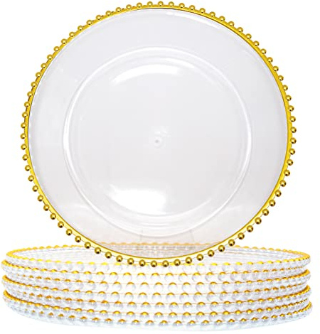 DaCakeWS 13-Inch Acrylic Clear Charger Plates,Gold Charger Plate Set of 10pcs - Elegant Decorative Dinner Plates Chargers for Wedding Reception, Holiday Party, Family Gathering & Table Setting