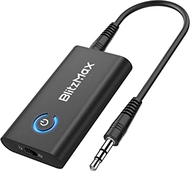 BlitzMax bluetooth 5.2 Transmitter Receiver, 2 in 1 Audio Adapter Mini Portable 3.5mm Jack, Dual Link Compatible with Devices PC/TV/Car Sound System/Wired Speaker, black (BM-BT05)